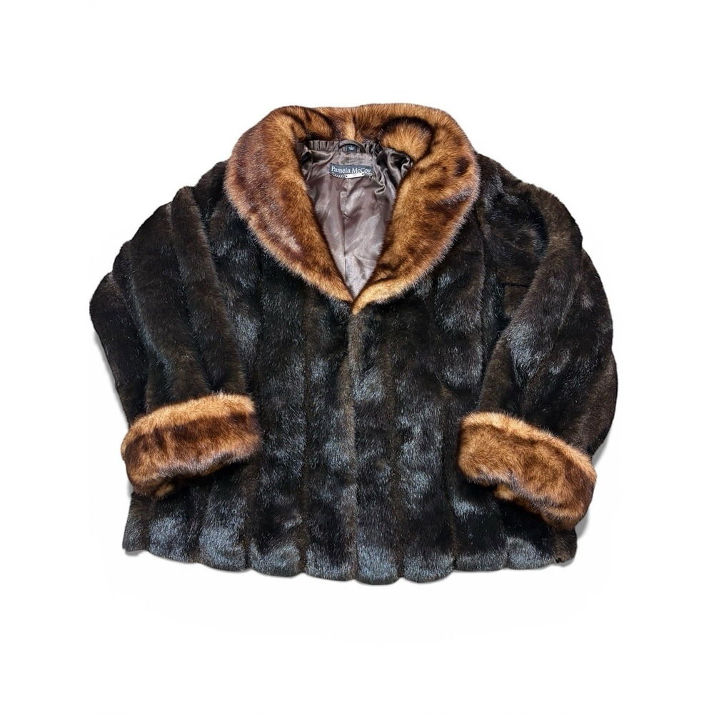 Pamela McCoy Faux‎ Fur Jacket Womens Large Brown Tiger Mills Shawl Collar